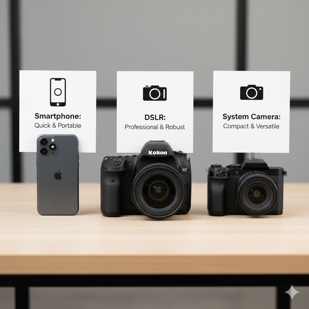 Ein Smartphone, eine DSLR Kamera und eine Systemkamera im Vergleich.