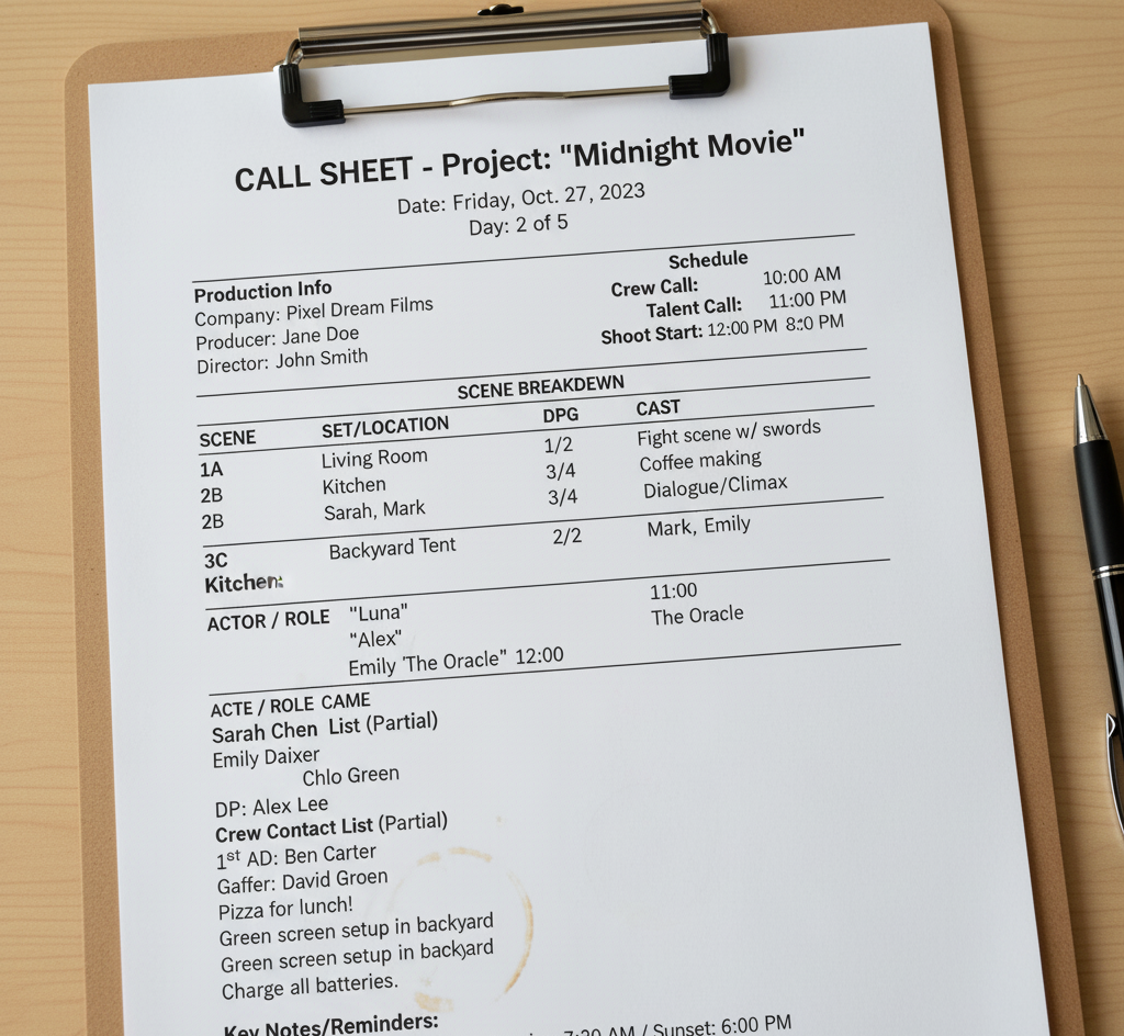 Ein Call Sheet einer Filmproduktion.